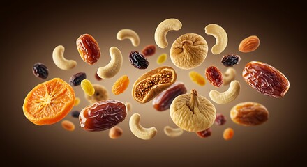 Assortment of Dried Fruits and Nuts Levitating in a Warm, Moody Glow.