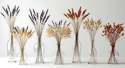 Assortment of Dried Wheat and Lavender Stalks in Clear Glass Vases, Rustic Home Decor Arrangement.