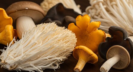 Assortment of Exotic and Common Mushrooms, Culinary Delights, Earthy Textures, Natural Bounty.