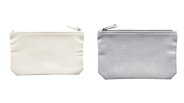 Two minimalist zippered pouches, one cream, one grey, against a stark black background. Perfect for everyday carry
