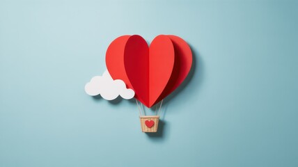 Whimsical heart-shaped hot air balloon floating in the sky