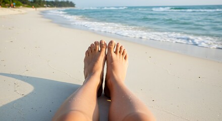 Bare Feet on White Sand Beach, Azure Ocean Waves, Relaxing Tropical Vacation POV.