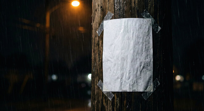 Blank White Paper Flyer Taped on Wet Wooden Pole Night