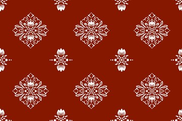 Seamless vintage damask pattern featuring red floral ornaments and gold baroque leaves for antique textile wallpaper and retro fabric design