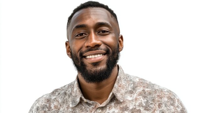 Smiling african adult male in patterned shirt on white background.