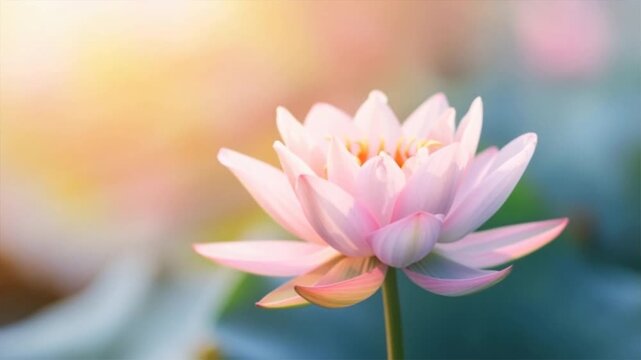 Delicate pink lotus blooming gracefully in a serene pond at sunrise, embodying peace and beauty in nature.