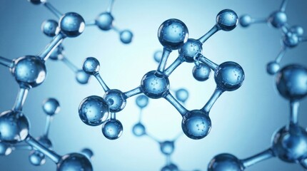 Scientific molecular structure,blue transparent atoms and chemical bonds background,ideal for biotechnology,chemistry innovation,pharmaceutical research,or futuristic nanotechnology design