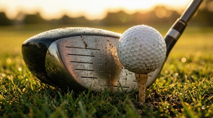 An extreme close-up macro photograph of a golf driver and a golf ball on a tee, glowing under the warm golden hour sunlight on natural green grass