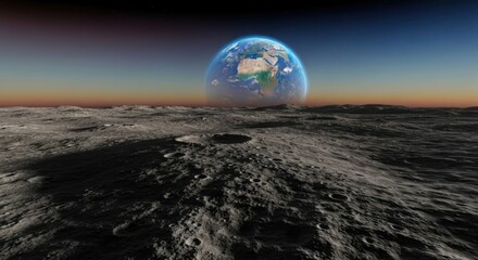 Earthrise view from a cratered, barren moon surface