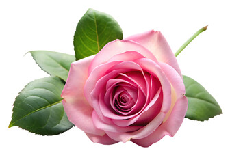 Fototapeta premium Pink rose with green leaves on black background flower
