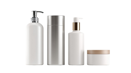 A clean 3d render of a blank white cosmetic container and a spray bottle of perfume cream jar set against a white background for beauty and hygiene packaging