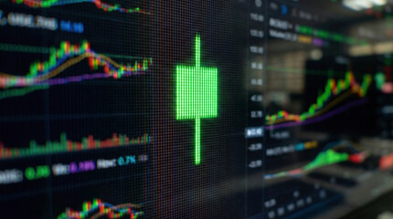 Macro photography of a high-refresh-rate monitor. Focus on a sharp 'hammer' candlestick pattern on a dark background. Visible sub-pixels, vibrant green glow