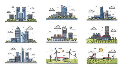 Naklejka premium Collection of flat design illustrations showing urban cityscapes with skyscrapers and rural farms with modern wind turbines.
