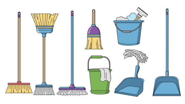 Comprehensive set of cleaning tools including brooms, buckets, dustpans, and mops for household chores and sanitation tasks.