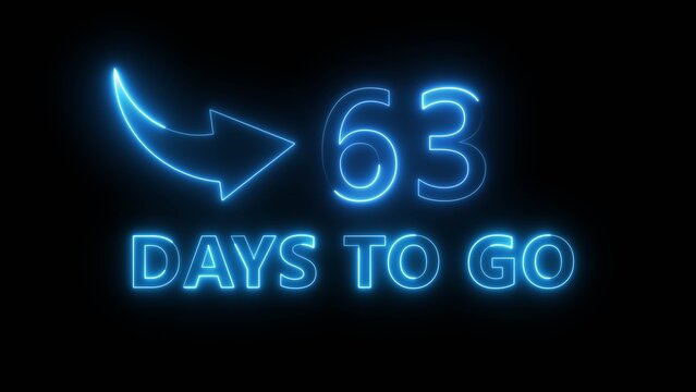 63 days count number illustration. Neon glowing counting number on black background. Neon countdown timer text number.