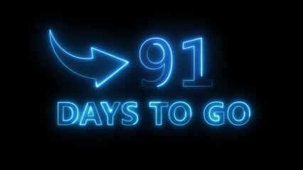 91 days count number illustration. Neon glowing counting number on black background. Neon countdown timer text number.