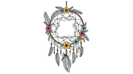 Fototapeta premium Beautifully designed dreamcatcher decorated with colorful flowers and hanging feathers for spiritual and bohemian decor concepts.