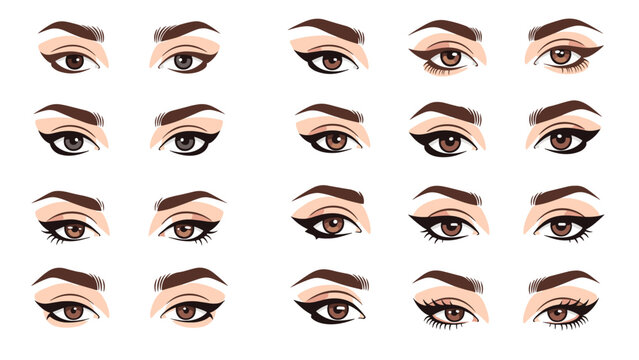 Various female eye makeup styles featuring different eyeliner shapes and eyeshadow looks for beauty tutorials and fashion concepts.