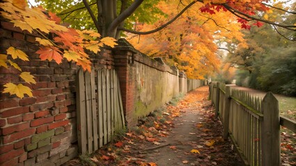 Old wood and old bricks walls with autumn falling leaves.
