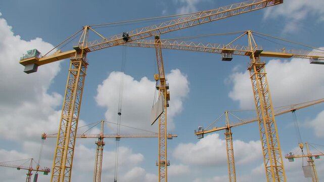 Low angle view of yellow tower cranes lifting a precast concrete panel against a bright blue sky with clouds, ideal for urban development and industrial construction projects