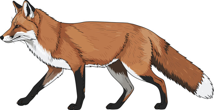 vector illustration of a wild red fox walking with bushy tail and alert expression isolated on white background