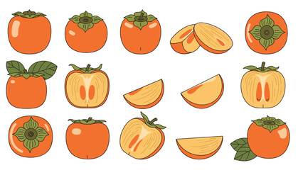 Fototapeta premium Diverse collection of whole, halved, and sliced persimmon fruits with leaves, highlighting their vibrant orange color and unique shape.