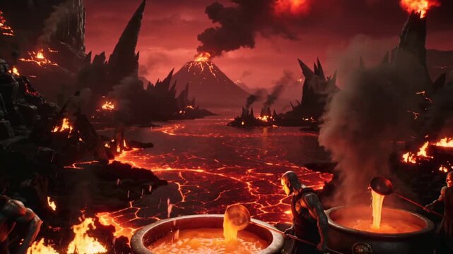 Underworld entrance revealing demonic figures at work. Fiery volcanic landscape with rivers of molten lava and large cauldrons.