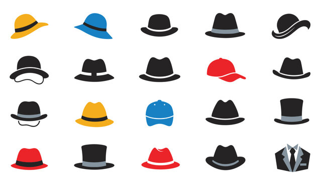 Diverse array of hat silhouettes and icons in various styles and colors including fedoras, baseball caps, and a top hat with a suit.