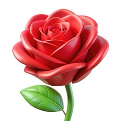 Vibrant red rose bloom perfect form single stem green leaf isolated