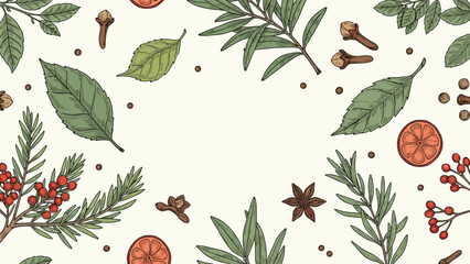 Culinary herbs and spices frame including rosemary leaves, star anise, peppercorns, and berries on parchment paper texture.