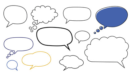 Assorted collection of blank speech and thought bubbles in various shapes and outline colors for communication design.