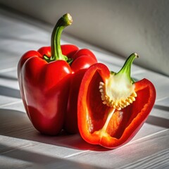 Vibrant red bell pepper sliced in half showing fresh seeds and bright interior detail