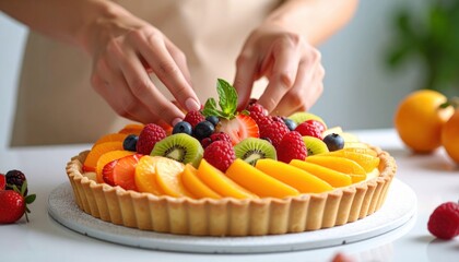 Close up of hands decorating a vibrant fruit tart with fresh strawberries blueberries raspberries kiwi and peach slices garnished with mint leaves on a white table
