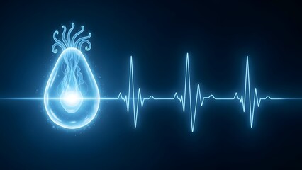 Glowing blue teardrop with electrocardiogram waveform on dark background