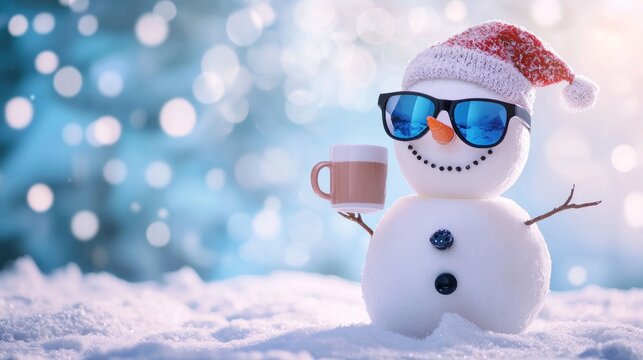 A snowman with a cup of hot cocoa in the snow.
