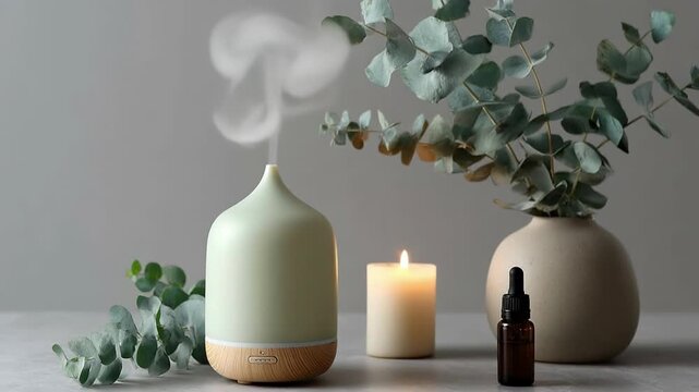 Minimalist spa composition with an electric essential oil diffuser emitting steam, a lit candle, and eucalyptus branches in a vase on a gray table. Relaxing zen atmosphere for wellness and home decor