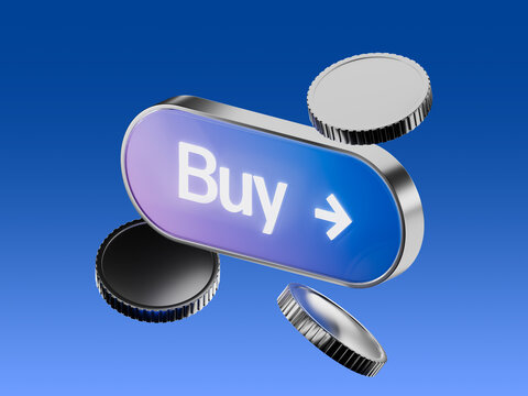 3D buy button with floating coins representing consumer acquisition and high conversion trading strategies