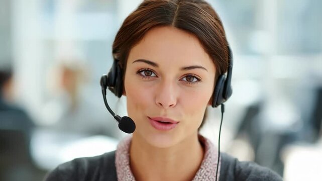 Portrait of a friendly smiling customer support agent woman with headset looking at camera. Professional female telemarketer or receptionist in blurred office background