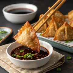 Delicious golden fried wontons being dipped in savory soy sauce with chopsticks close up