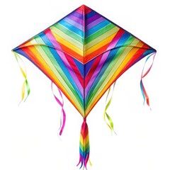 Vibrant colorful diamond kite with rainbow stripes flying high in the sky outdoors
