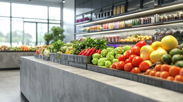 A vibrant produce display in a modern grocery store.