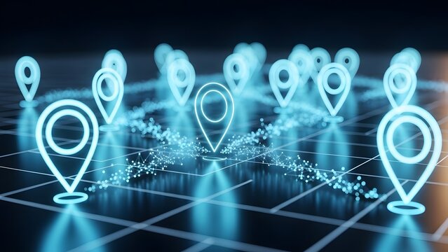 Glowing location pin icons on a digital map grid. GPS navigation and logistics tracking system. Blue transparent map markers connected by data streams in a dark virtual environment.