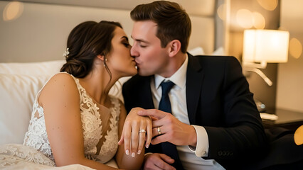 Romantic couple sharing a kiss in luxurious bedroom