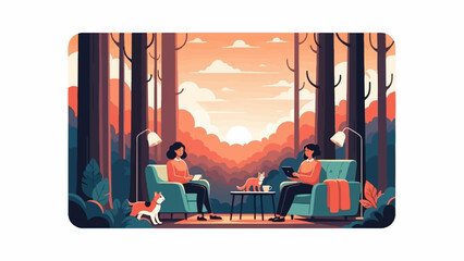 Naklejka na ściany i meble Two people relax indoors with pets, while a forest sunset glows outside