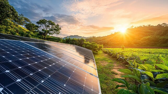A solar panel array in a rural landscape with a sunset in the background.