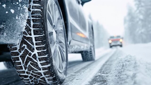 Close-up low angle view of a car tire with winter tread pattern on a snowy road. Modern vehicle wheel driving in dangerous cold weather conditions with ice and frost. Safe driving concept
