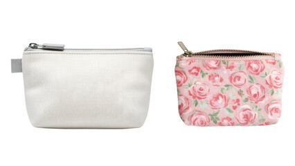 Two small pouches, one plain white, the other adorned with a floral pink rose pattern, against a black background