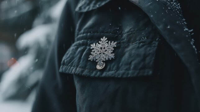 Intricate Silver Snowflake Brooch Adorned on Dark Textured Fabric with Falling Snow