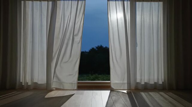 dusk curtain movement. Cinematic view of curtains slowly moving through an open window at dusk, emphasizing stillness and evening calm.