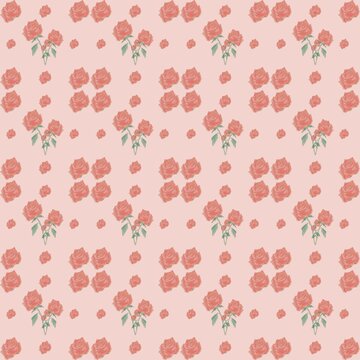 Cute floral vintage print of pink small piony roses flower with green leaves